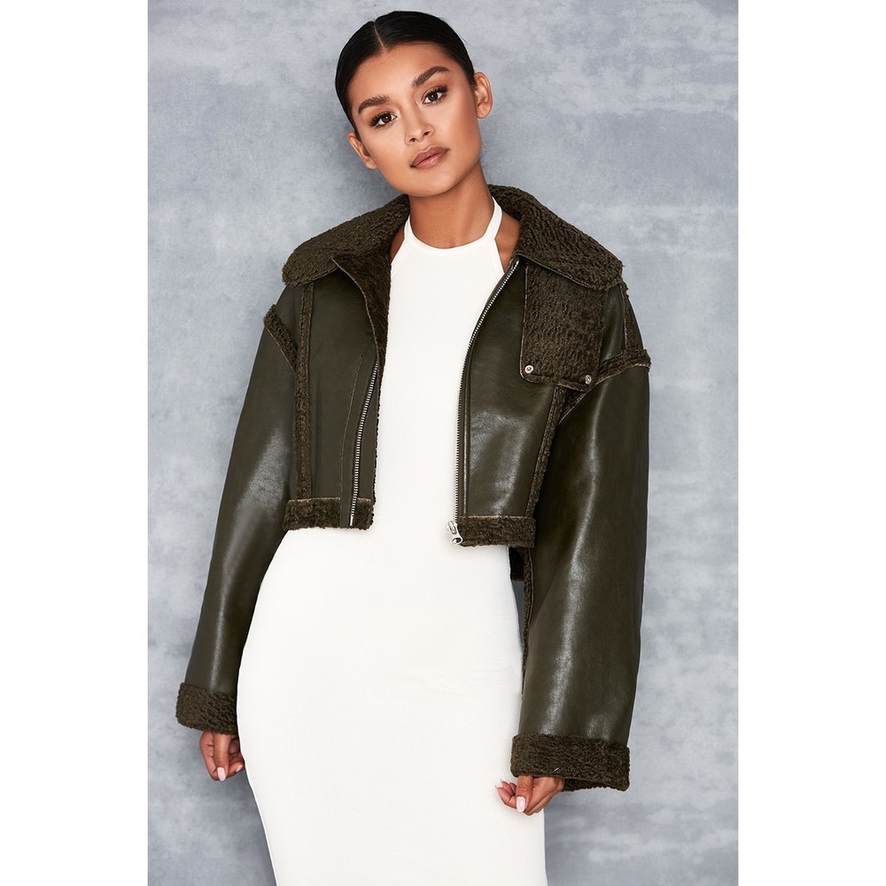 Mistress Rocks Olive Green Faux Leather Cropped Aviator Jacket Teddy Trim XS NEW